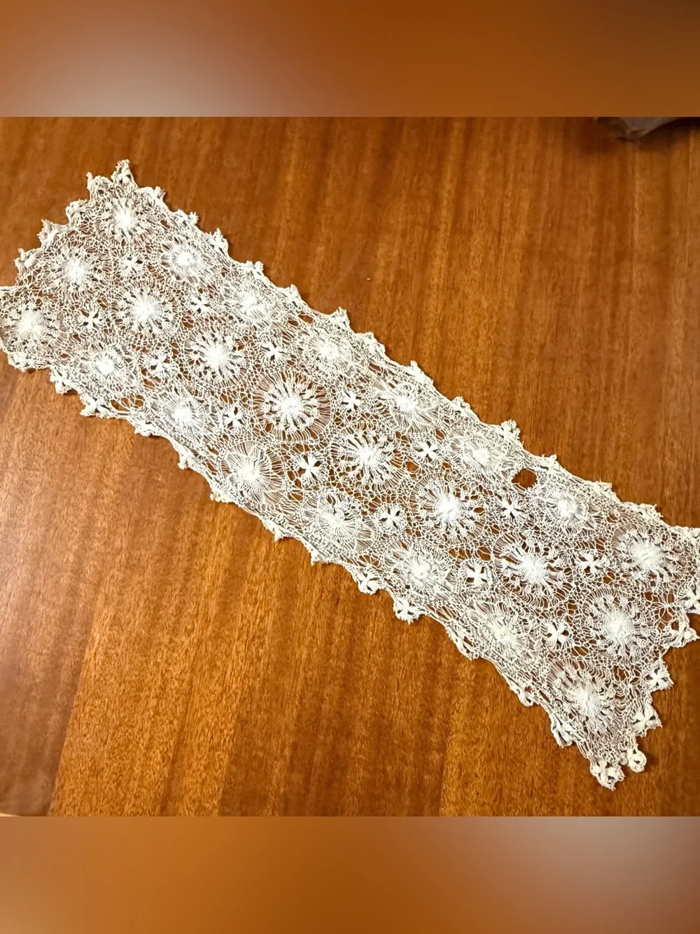 Vintage Delicate Dainty Lace Off Antique White Runner 7” x 23”